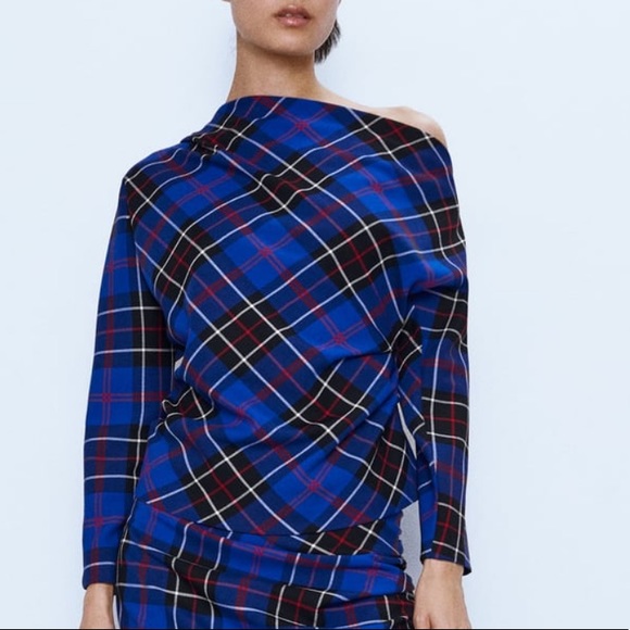 Zara plaid asymmetric blue top NWT - Picture 2 of 2
